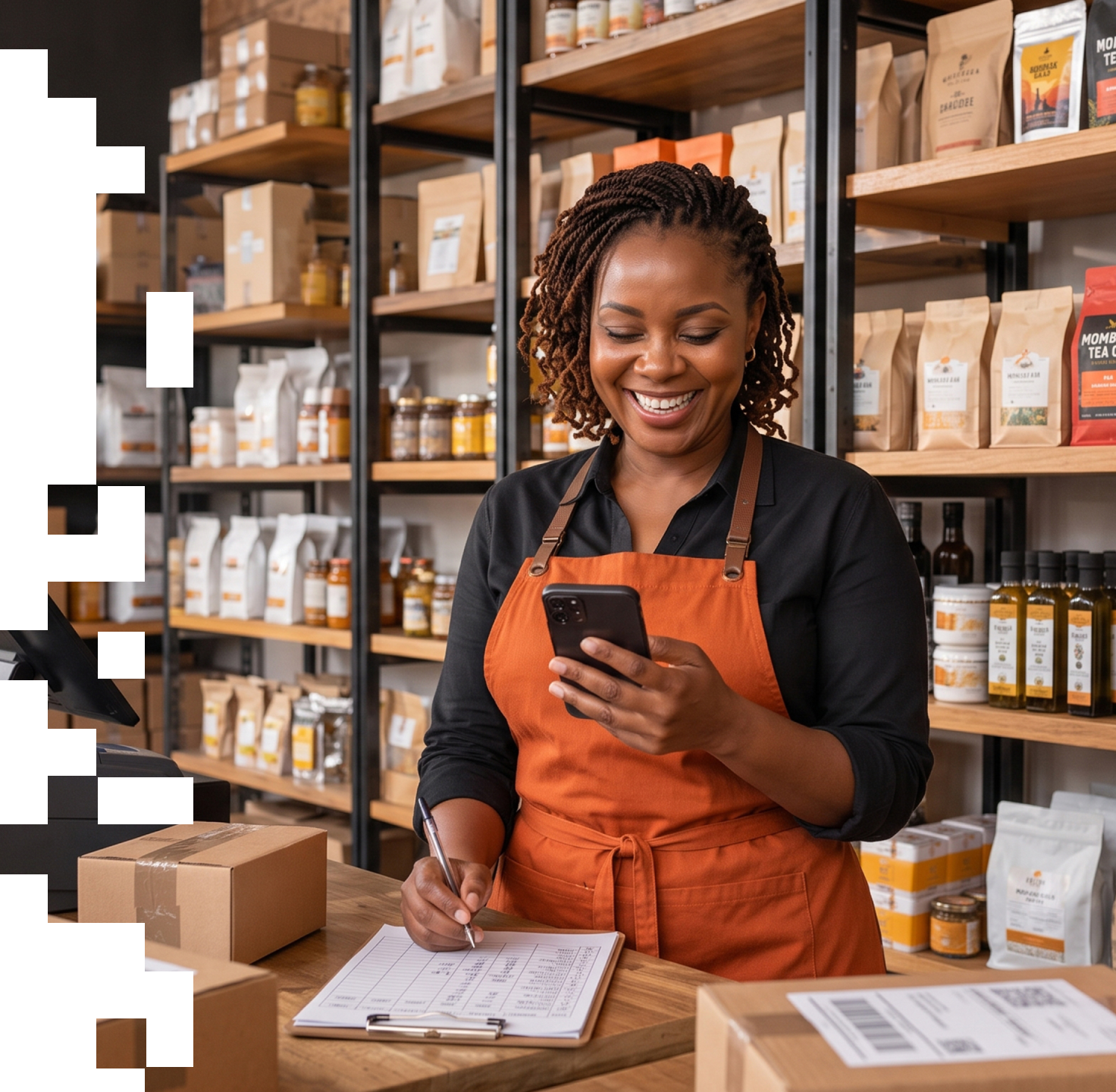 Merchant reviewing business stock and transactions