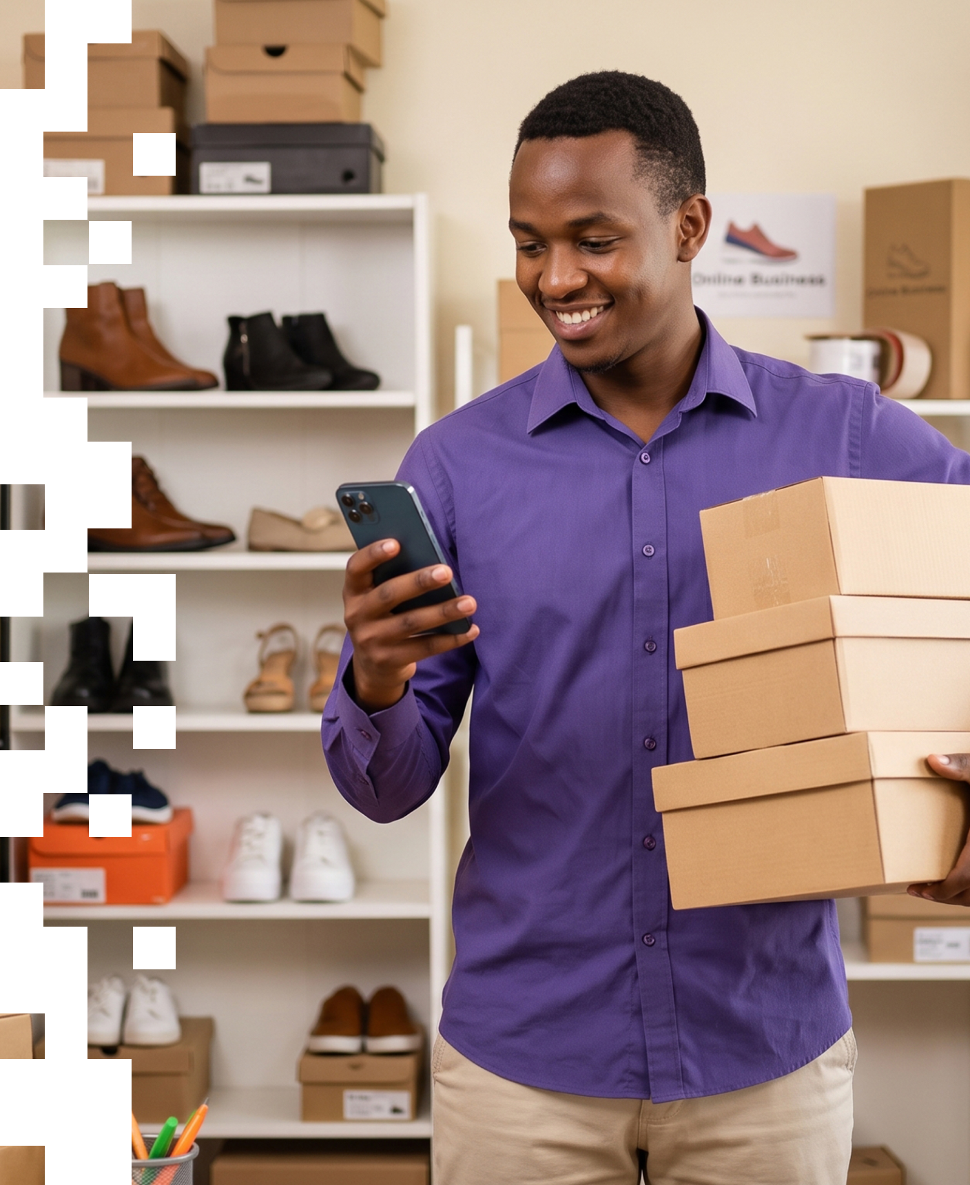 Merchant using a phone to manage his retail business